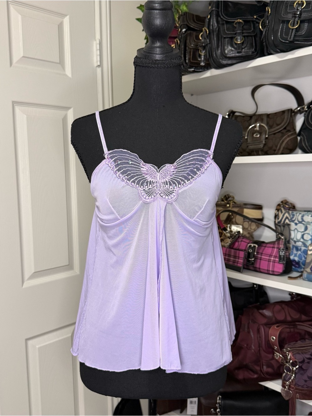 NWOT Rampage Lilac Butterfly Sheer Camisole Babydoll Top